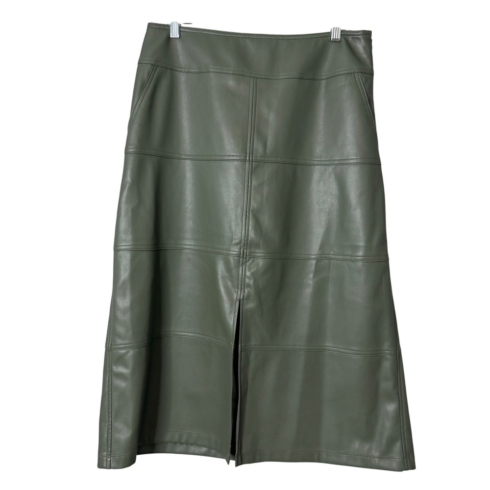 Cabi Faux Leather Skirt Womens 10 Green Kick It Midi A Line Slit Pockets 4765
